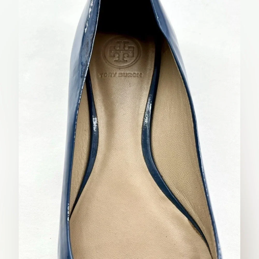 Tory Burch Raleigh Ballet Flats 7M Laguna Blue Leather Logo Bow Shoes